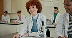 Teenager, students and happy in science classroom for education, experiment and research. Genz z, smile and classmates in conversation in lab for teamwork or collaboration as future scientists