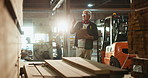 Clipboard, woodwork and carpenter with inspection in workshop for building furniture for business. Industry, checklist and male artisan worker with timber, material or palette inventory in warehouse.