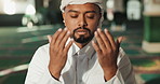 Prayer, hands and muslim man at mosque with peace, hope and understanding, praise or gratitude to Allah. Islamic, worship or person with spiritual, mindfulness and soul balance, thank you or religion