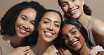 Face, women and diversity for wellness, skincare or beauty with multicultural, inclusion for cosmetics. Female people, healthy skin and happy with results, glow for dermatology in studio background