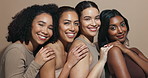 Face, happy or hug for friends, skincare or wellness for diversity, inclusion or cosmetics in studio. Makeup, support or confident women with facial glow, beauty results or smile on brown background