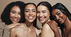 Face, smile or hug for friends, skincare or wellness for diversity, inclusion or cosmetics in studio. Happy, support or confident women with facial glow, beauty results or makeup on brown background