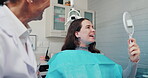 Women, dentist and happy patient with mirror for dental surgery in clinic for teeth whitening and treatment. Portrait, doctor and smile or confident on consultation for canal procedure and oral care 