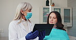 Appointment, woman and dentist with tablet in healthcare, dental diagnosis and plan for treatment. Clinic, patient and orthodontist with digital for teeth assessment, medical and advice for surgery