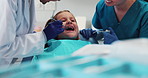 Dentist, girl and tools for dental care, consultant and assistant for cavity or braces from professional person. Orthodontist, inspection and hands for toothache treatment, cleaning and equipment