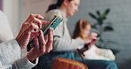 Hands, phone and woman typing in waiting room of dental clinic for website, network and online review. App, smartphone and schedule for virtual consultation, telehealth and mobile payment for dentist