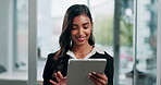 Research, tablet and happy business woman scroll on website, app and project. Indian person, financial consultant and digital tech for reading email on budget report, profit and information in office