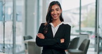 Portrait, arms crossed and Indian business woman in office for pride, career or corporate job. Face, confidence and happy professional entrepreneur, employee or insurance agent in suit at company