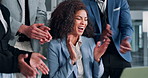 Business, woman and laptop for applause of success celebration, email announcement and project achievement. Surprised, person and crowd clapping for bonus notification, promotion and proposal deal