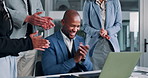 Business, man and laptop for applause of success celebration, email announcement and project achievement. Surprised, person and crowd clapping for bonus notification, promotion and proposal deal
