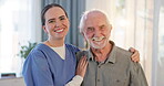Portrait, senior man and caregiver or smile at retirement home for support, healthcare and wellness of medical help. Happy, nurse and patient relax for communication, embrace and care for recovery