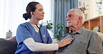 Nursing home, stethoscope and girl doctor with senior man on sofa with heart, chest and lungs exam. Health, retirement and homecare worker with old person in living room for breathing assessment