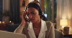 Headache, burnout and exhausted Indian woman in call center overwhelmed by workload in office or night shift. Frustrated, overworked and tired agent with deadline anxiety, sales pressure and stress