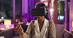 Happy girl, vr and night with virtual entertainment for game, interaction or future world in metaverse at home. Female person with smile in late evening for neon, 3D or futuristic experience at house