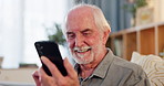 Home, smartphone and senior man with smile, online reading and email notifications for good news. Old person, apartment and pensioner with cellphone, social media and texting for contact and message