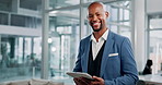 Portrait, tablet and happy black man in office for research, email or business on app. Face, digital technology and smile of professional entrepreneur, employee and insurance agent working in Kenya