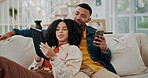 Happy couple, tablet and smartphone for streaming, relax and sharing with online, digital and ecommerce. Woman, man and tech in home for mobile app, movie selection or social media in living room