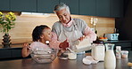 Girl, grandmother and baking or teaching in house, bonding and helping for culinary skills in family kitchen. Happy, education and cookies ingredients on table, flour and child development in home