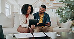 Home, discussion and couple with tablet by documents for investment, financial planning or review. Happy, man and woman with tech in living room for mortgage loan, savings budget and online payment