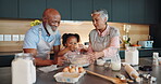 Cooking, grandparents and girl with eggs at kitchen counter for development, learning and ingredients. Baking, diversity and people with kid for cookie recipe, teaching or mixing flour on weekend