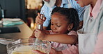 Whisk, bowl and parents with girl in kitchen for food, ingredients and bakery for dessert. Cooking, family and adoption with happy mature couple people, cake or cookie dough for bonding together