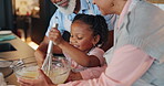 Baking, bowl and home with girl in kitchen for food, ingredients and bakery for dessert. Whisk, foster family and adoption with happy mature couple people, cake and cookie dough for bonding together