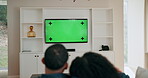 Couple, television and green screen to watch movies in home, subscription and streaming cinema. People, couch and series for bonding or entertainment in lounge, hug and relax together on mockup space