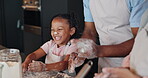 Hands, flour and baking with parents and girl, play and food for learning in kitchen in home. Nose, family or young person and parents, together or bonding with pastry recipe for Father's day present