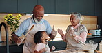 Dance, kitchen and baking with grandparents and girl, music or food for lesson with flour in home. Smile, foster family or young person for adoption, together or bonding with pastry recipe ingredient