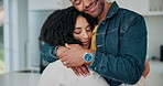 Happy couple, hug and relax with care for love, embrace or bonding together in kitchen at home. Calm woman, man or lovers with smile for touch, comfort or satisfaction for marriage or commitment