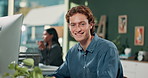 Small business, happy man and portrait in office for design, creativity and typing at computer. Male designer, smile and about us in modern workplace for startup, pride and confidence with technology