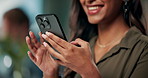 Happy woman, hands and typing with phone for notification, email or online chatting at office. Closeup of female person or employee scrolling or browsing on mobile smartphone for communication or app