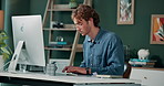 Research, computer and man in office, typing and reading of email for project and deadline for digital . Employee, glasses and internet with connection, web and person in business and copywriting