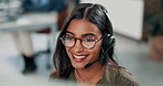 Woman, headset or talking in office for telemarketing, customer service or lead generation in India. Female agent, tech or consult with smile for advice, positive feedback or assistant in call center