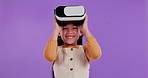 VR goggles, smile and face of child in studio for online video game with scifi 3d experience. Mockup, happy and portrait of girl with cyberspace headset for fantasy metaverse by purple background.