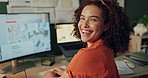 Computer, office and face of woman for web design with user interface, online site and programming. Developer, creative agency and happy person with digital tech for planning, website and ideas