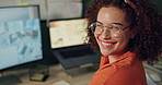 Computer, happy and face of woman for web design in office for user interface, online site and programming. Developer, creative agency and person with laptop for website software, template and ideas