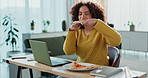 Laptop, pizza and woman in home with creative career for for journalism project online. Computer, takeaway and female copywriter eating fast food for lunch by desk for remote work at apartment.
