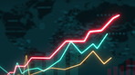 Glow, charts and stock exchange for finance investment with growth, revenue or profit data. Development, neon light and technology for demographic statistics for biometric information with graph.