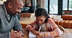 Black family, girl and father for student in home, writing and help with education or english project. Daddy, daughter and studying for test or assignment, support and talk on lesson for knowledge