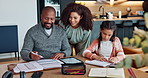 Black family, talking and books for working in home, mathematics and finance for homework. Daddy, daughter and studying for test or assignment, planning and mommy speaking on lesson for knowledge