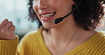 Hands, call center and woman with remote work from home office with smile for telemarketing on voip in lounge. Person, agent and crm with microphone for consultation, tech support or customer service