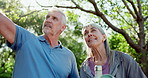 Senior couple, walk and point in park with yoga mat, search and low angle with smile for direction in summer. Retirement, man and woman with check path to class, water bottle and summer in Australia