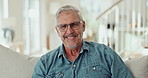 Senior man, face and sofa in home to relax in living room with confidence, pride and happy in retirement. Person, smile and pensioner in modern house for portrait in lounge for break in New Zealand