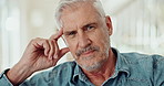 Thinking, home and face of senior man in home with worry, anxiety and unsure about pension plan. Retirement, serious and portrait of mature person with thoughtful, memory and wonder in living room