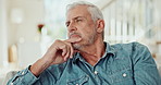 Thinking, stress and senior man on sofa in nursing home with fear, memory loss or overwhelmed by Alzheimer. Remember, nervous or old person in living room with anxiety, dementia or lost in a house