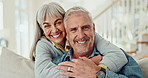 Love, face and senior couple hug on sofa with care, trust and bonding their home together. Marriage, portrait and happy old people in living room with security, support and gratitude in retirement