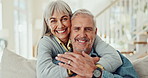 Love, face and happy senior couple hug on sofa with care, trust and bonding their home together. Marriage, portrait and old people in living room with security, support and gratitude in retirement