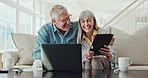 Mature couple, home and excited with technology for news of retirement plan, pension or savings on sofa with hug and love. People on laptop or digital tablet results for investment or property value