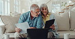 Senior couple, documents and sofa with tablet for financial discussion, expenses or bills at home. Elderly man and woman discussing paperwork with laptop for finance, retirement or pension fund